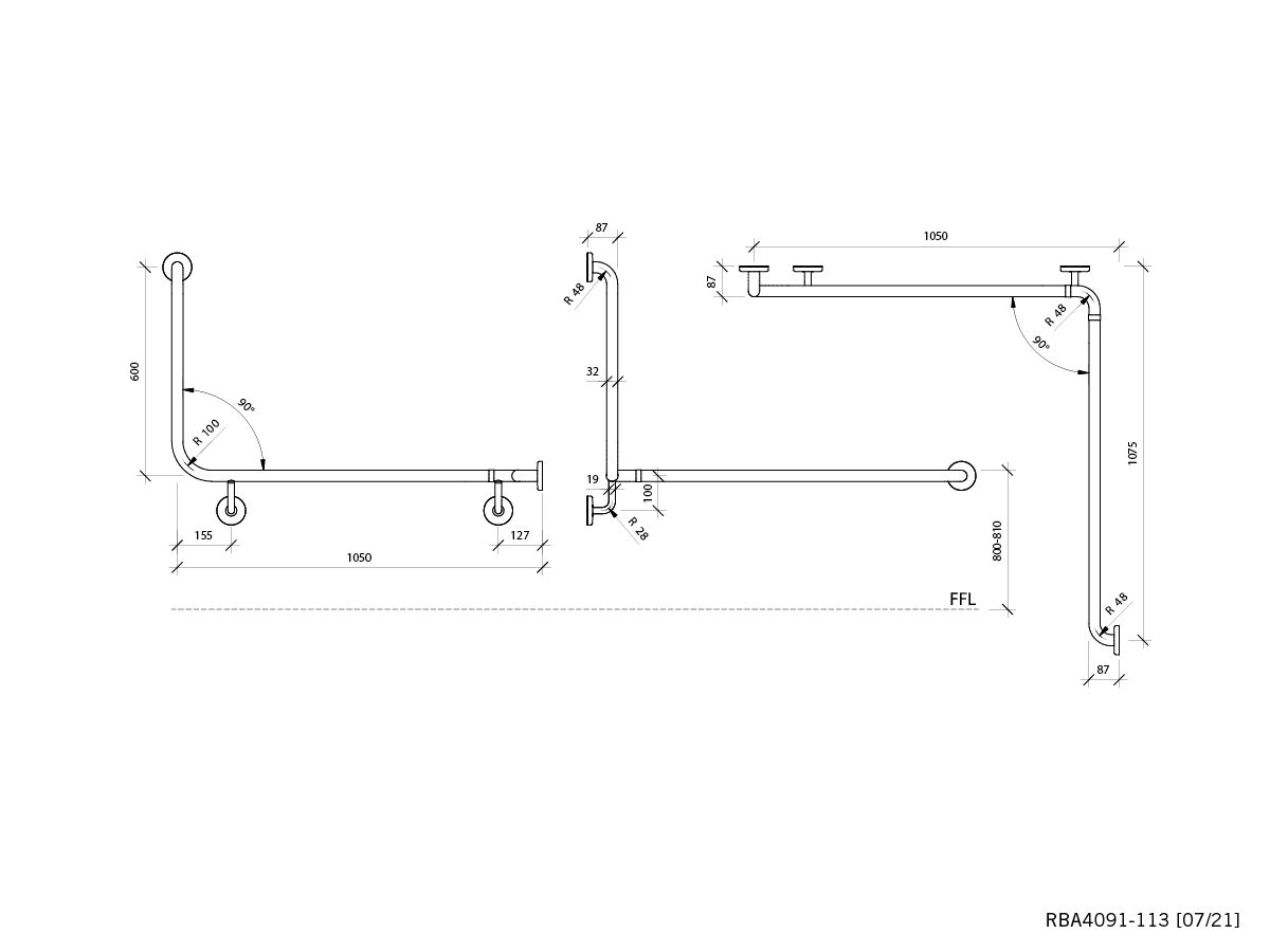 Reece 90 Degree 2 Wall Grab Rail 1075 X 1050 X 600mm Right Hand