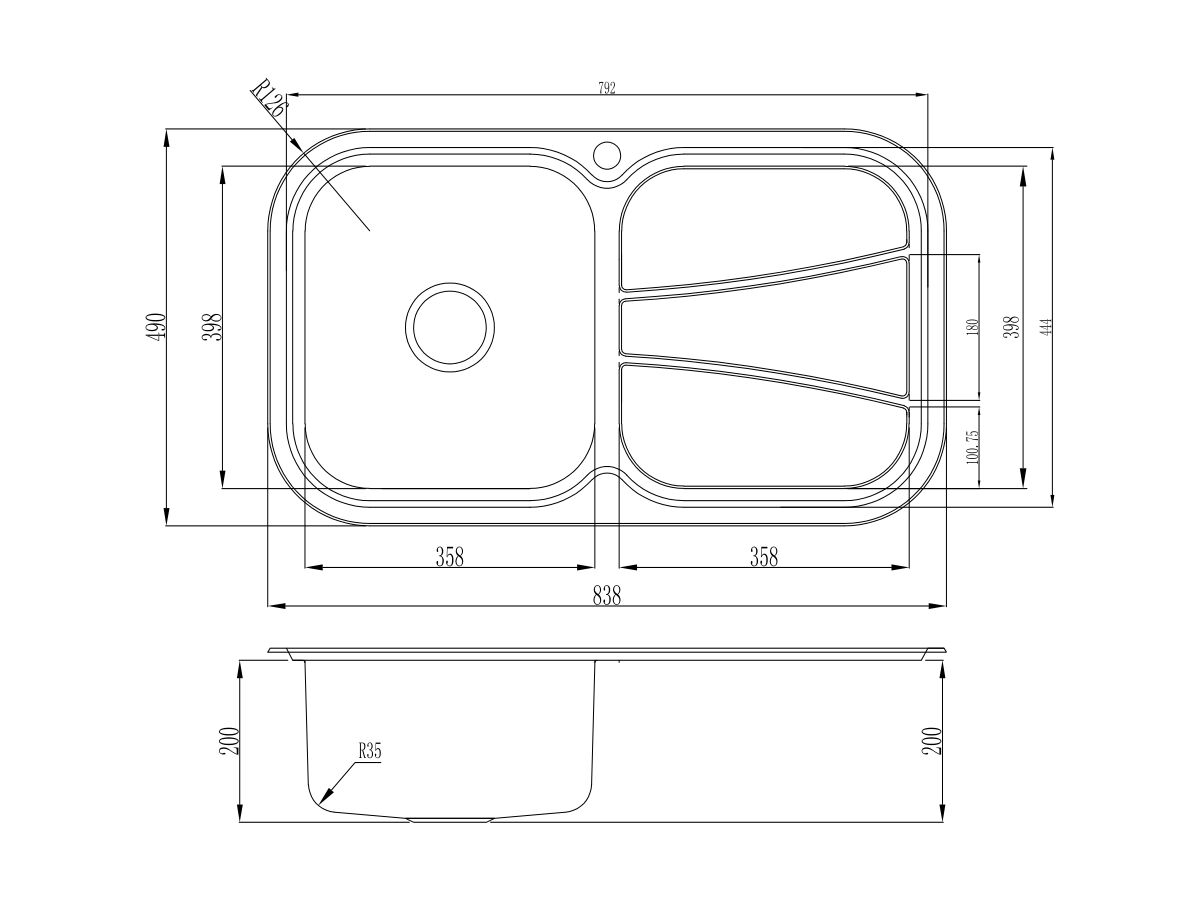Reece AFA Flow Single Bowl Undermount/Inset Sink Left Hand Bowl 1 Taphole With Quick-Fit Clips 838mm X 490mm Stainless Steel