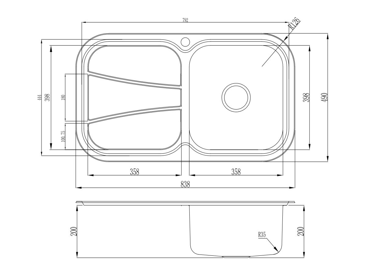 Reece AFA Flow Single Bowl Undermount/Inset Sink Right Hand Bowl 1 Taphole With Quick-Fit Clips 838 X 490mm Stainless Steel