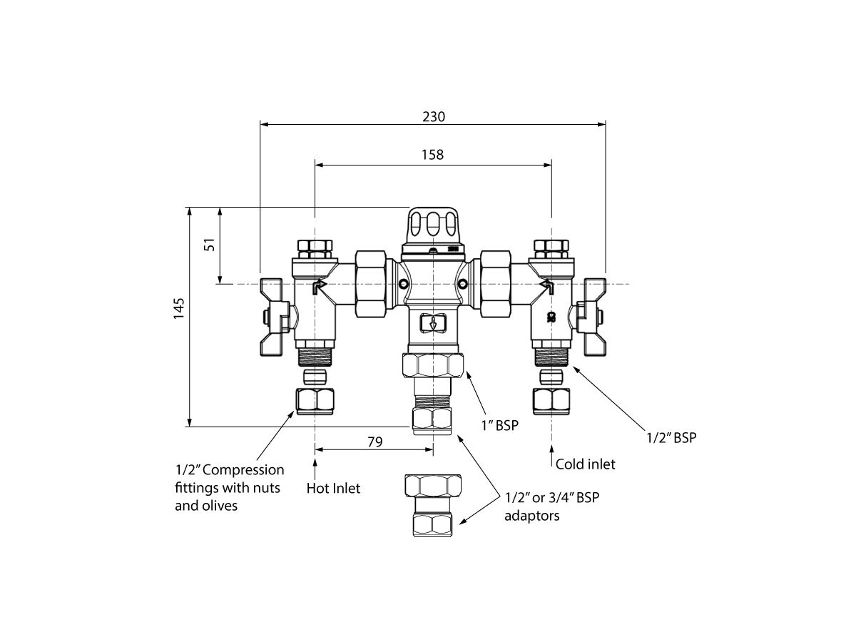Reece Aquablend 1000 Thermostatic Mixing Valve & Isolating Valves 15mm