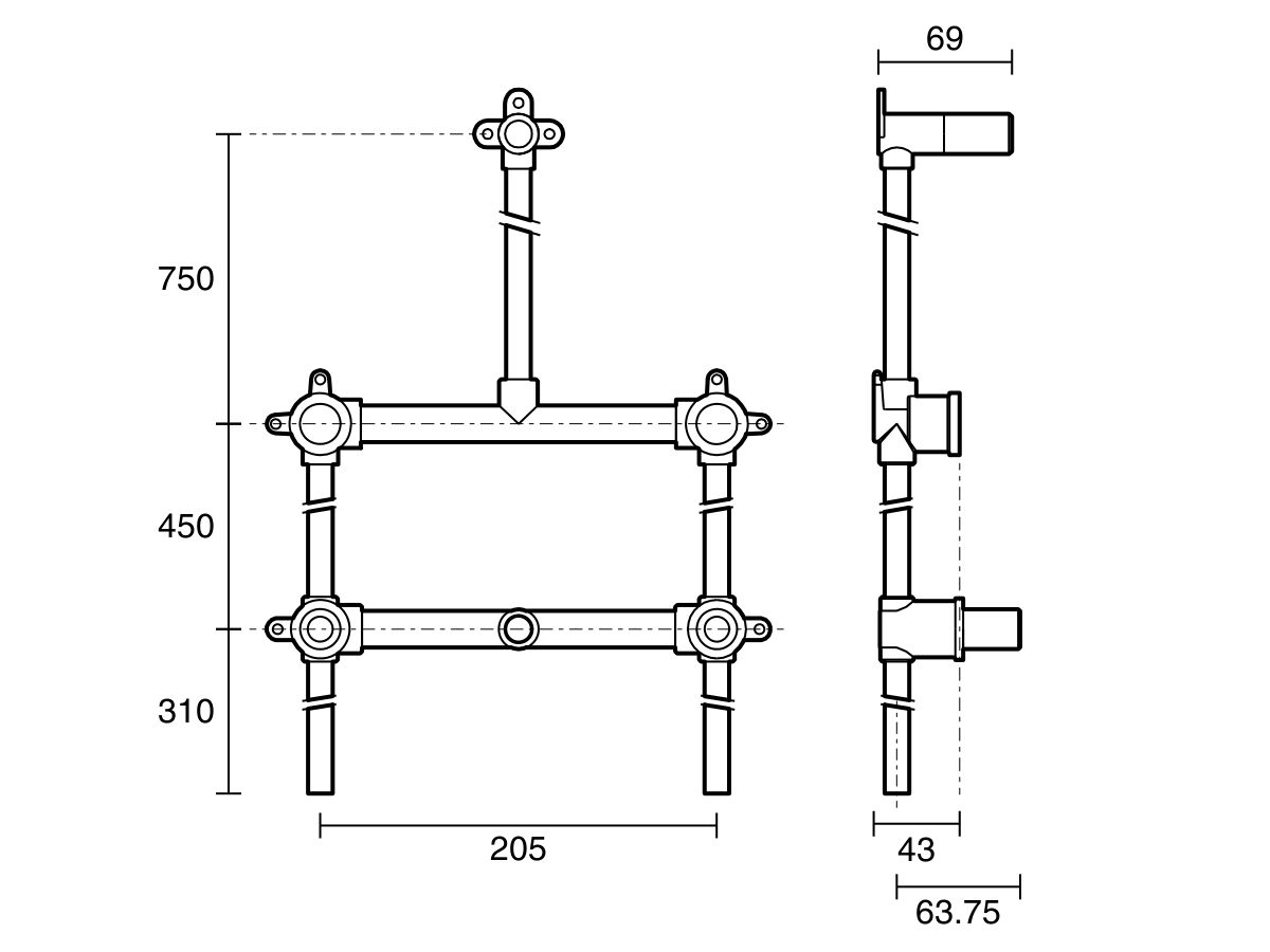 Reece Ardent Bath/Shower Breech 200mm Centre With 300mm Tails Bottom Entry Lead Free