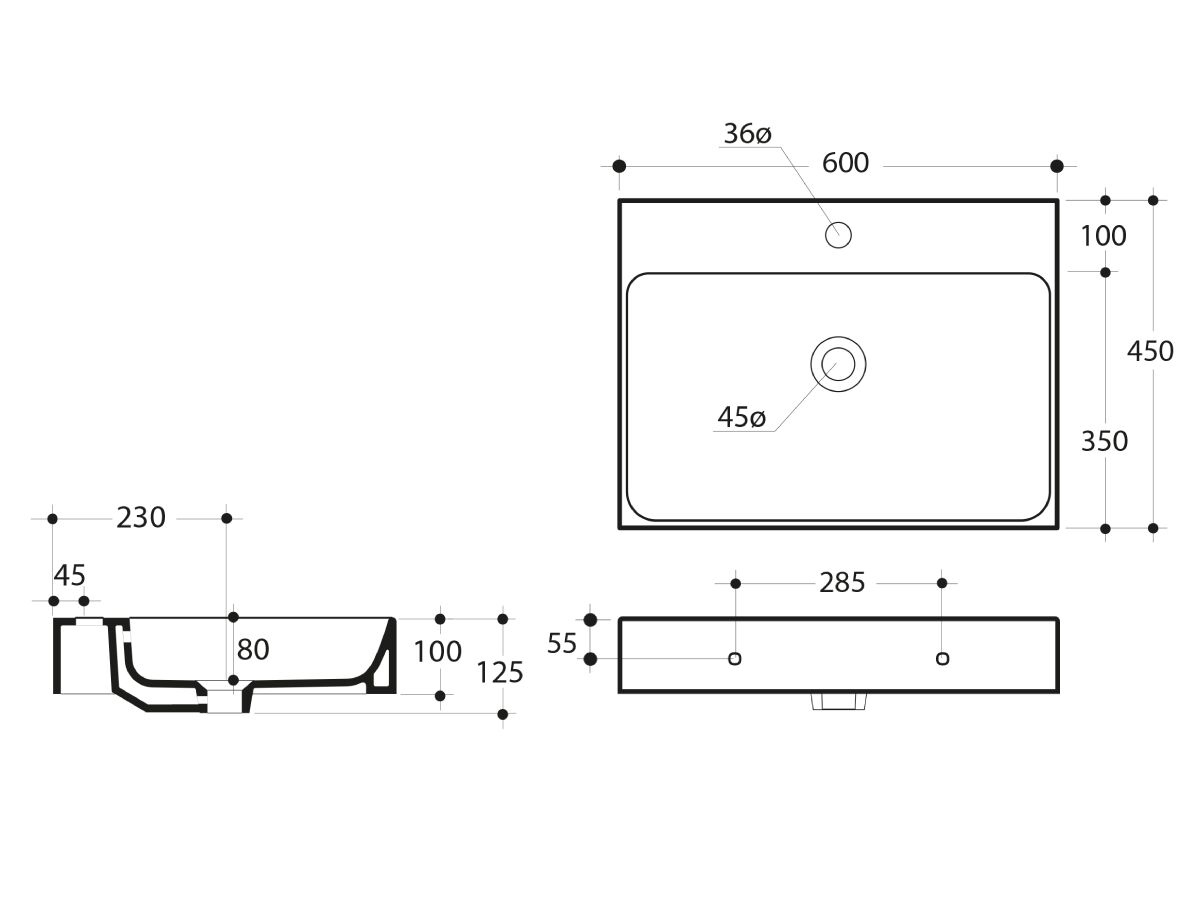 Reece AXA Cento Wall Basin With Fixing 1 Taphole 600mm White