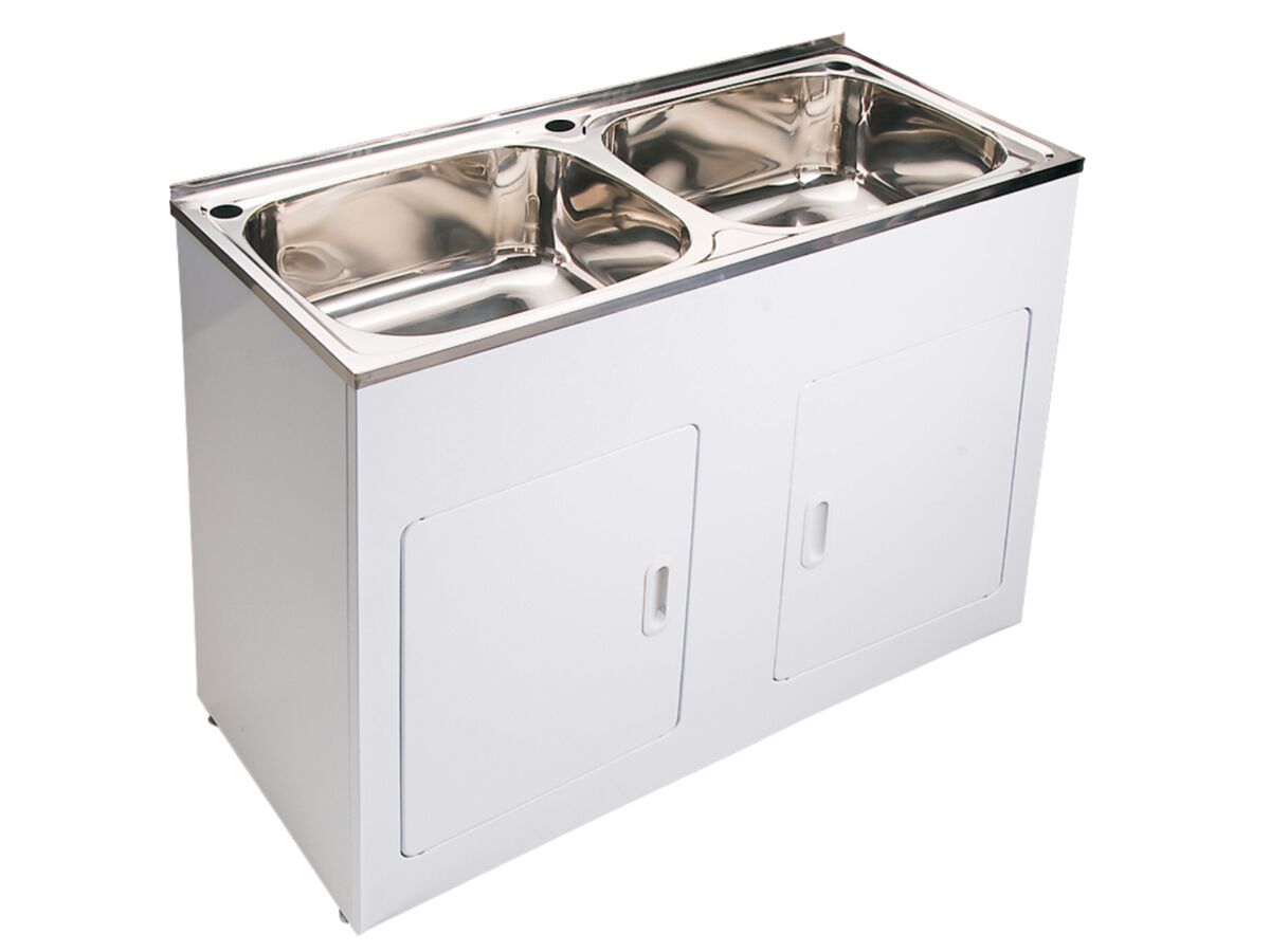 Reece Base Double Laundry Trough & Cabinet 1 Taphole 45 Litres Stainless Steel/ White