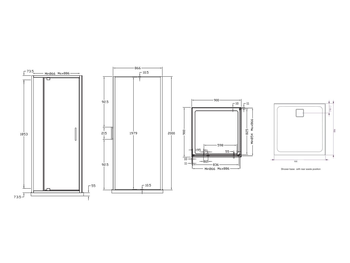 Reece Base MK2 Shower Screen & Shower Base With Rear Outlet 900mm X 900mm Chrome