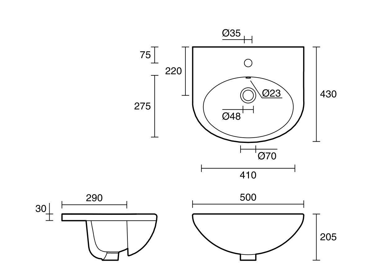 Reece Base Semi Recessed Basin 1 Taphole 500mm White