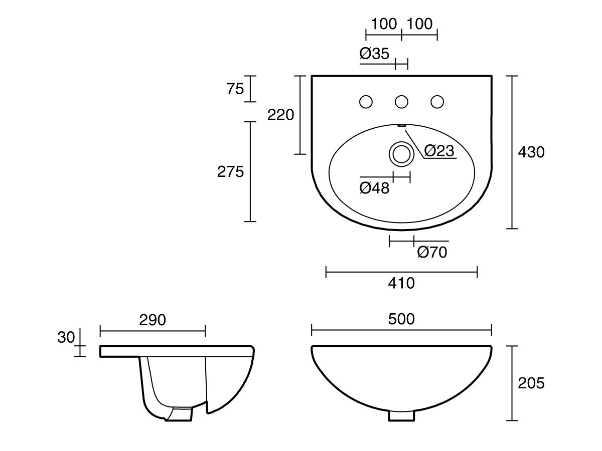 Reece Base Semi Recessed Basin 3 Tapholes 500mm White