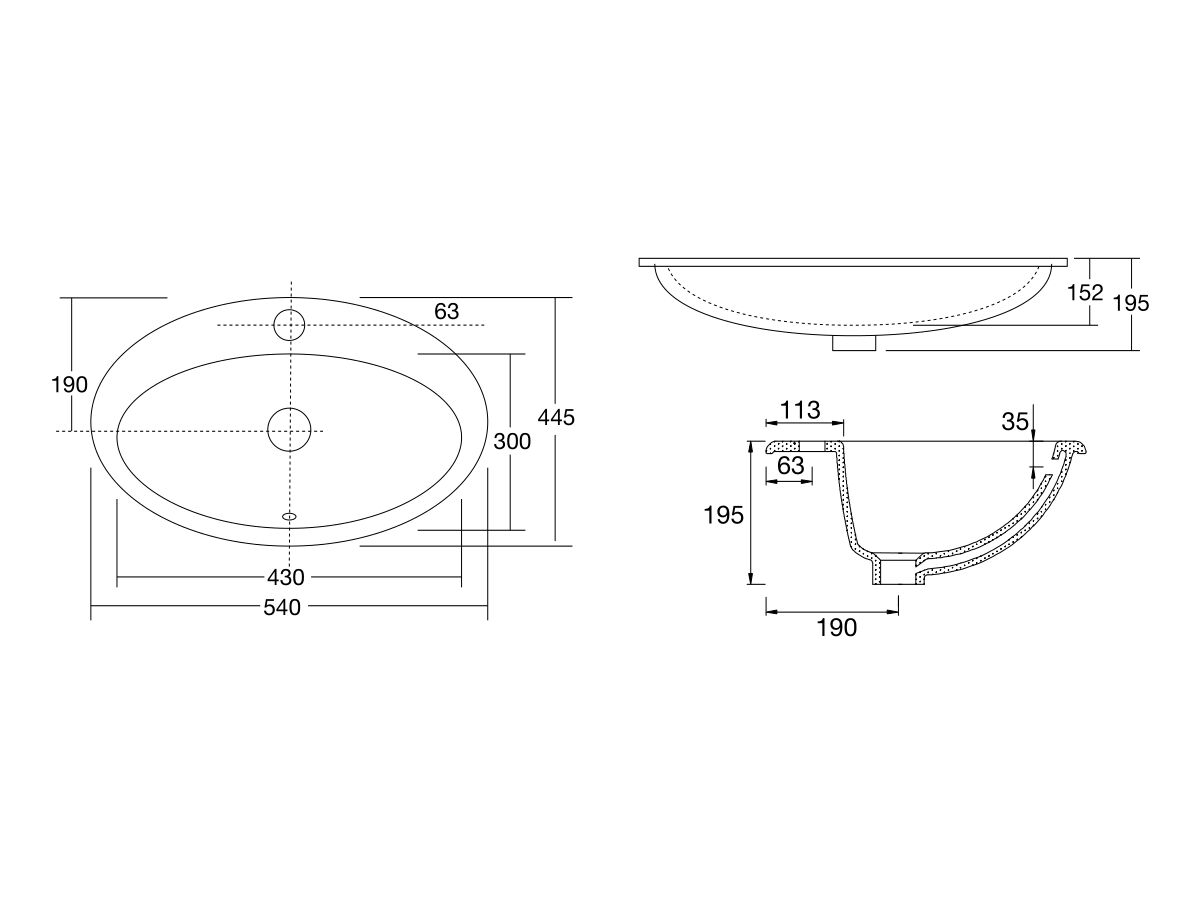 Reece Base Vanity Basin With Front Overflow 3 Taphole 540 X 445mm White