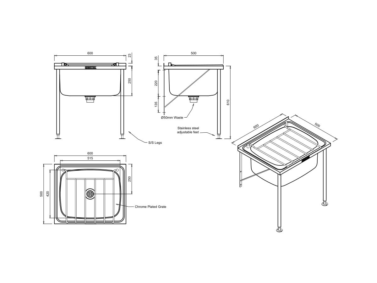 Reece Britex Cleaners Sink With Grate & Stainless Steel Legs