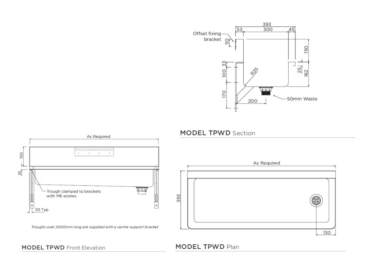 Reece Britex Trough PWD Complete With Brackets 1500mm