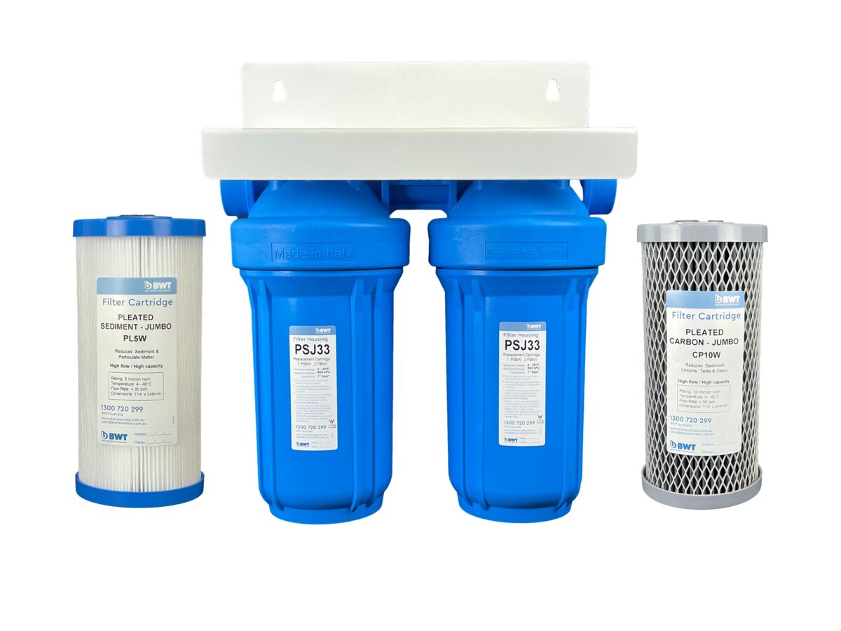 reece BWT Twin 10" Jumbo Housing with Cartridges for Rainwater Filtration 5 micron Pleated Sediment Filter & 10 micron Pleated Carbon Filter