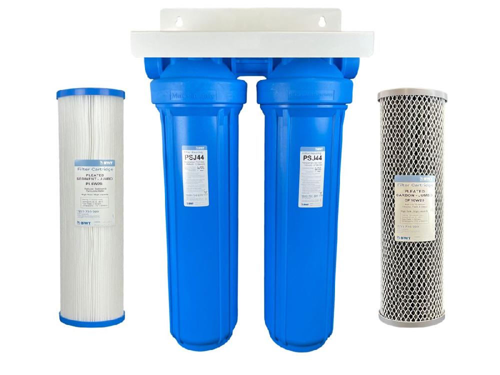 reece BWT Twin 20" Jumbo Housing with Cartridges for Mains Water Filtration 5 micron Polyspun Sediment Filter & 5 micron Fibron Carbon Filter