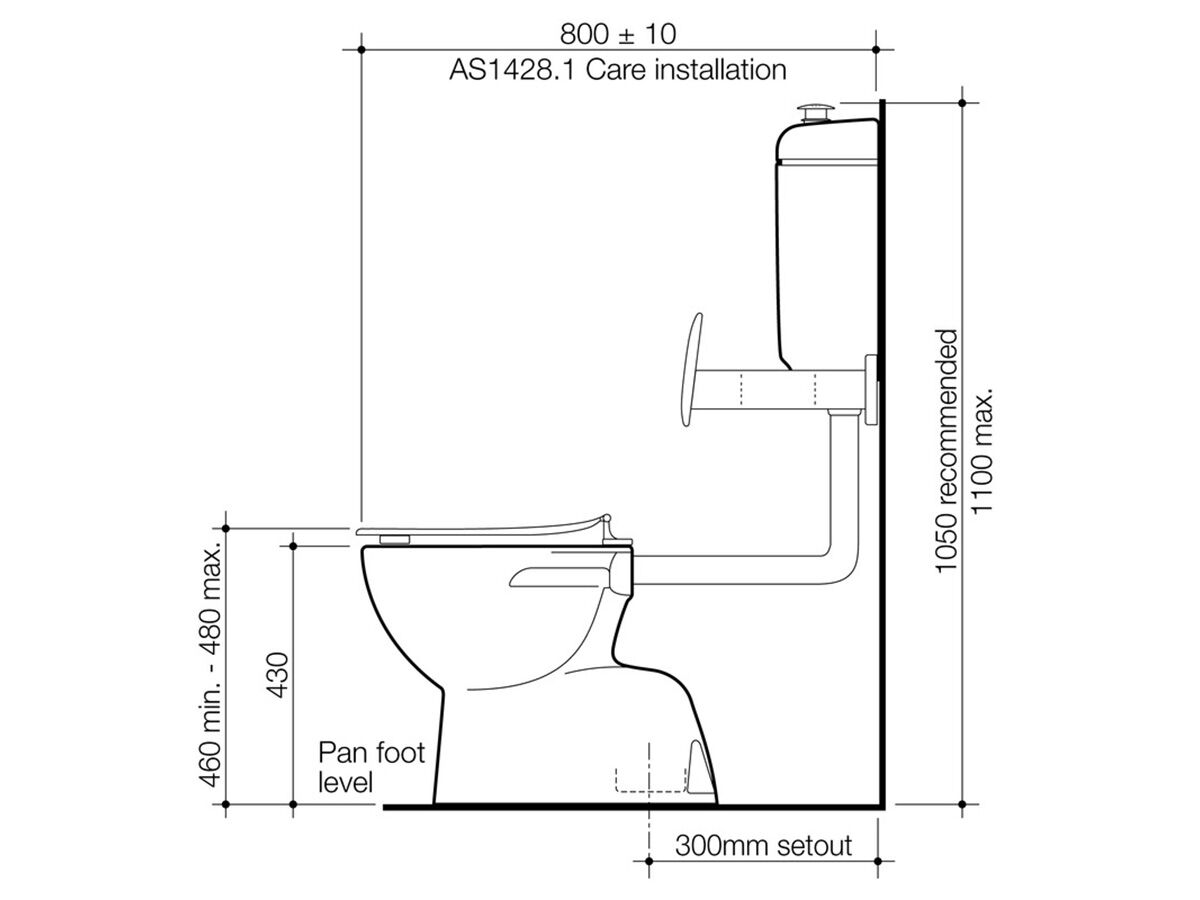 Reece Caroma Care 400 Connector S Trap Bottom Inlet Toilet Suite Metal Raised Height Buttons Caravelle Double Flap Standard Seat White (4 Star)