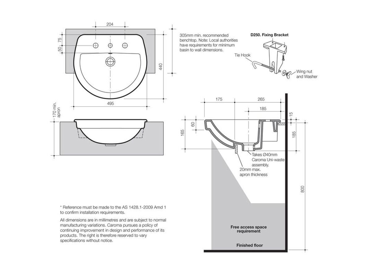 Reece Caroma Cosmo Semi Recessed Vanity Basin 1 Taphole 500 X 400mm White