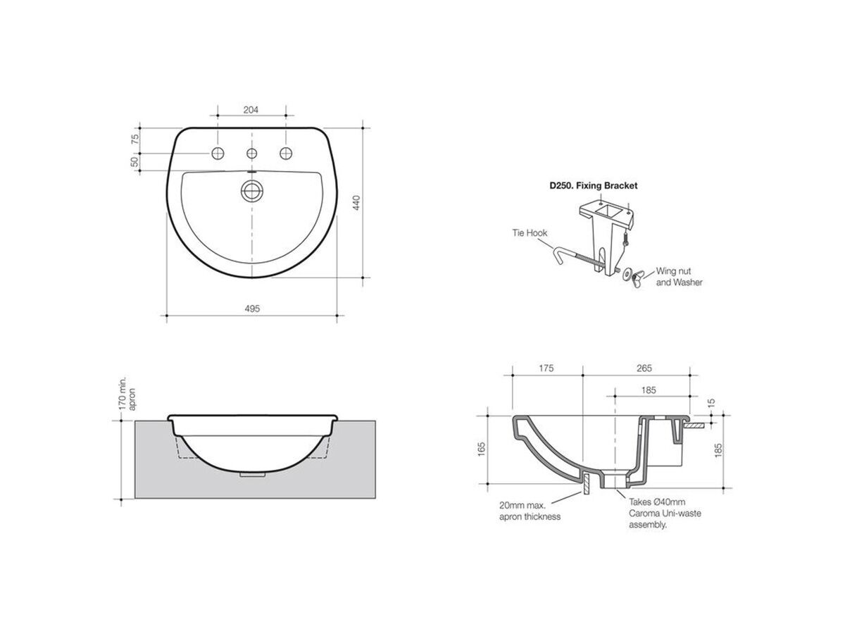 Reece Caroma Cosmo Semi Recessed Vanity Basin 1 Taphole 500 X 400mm White