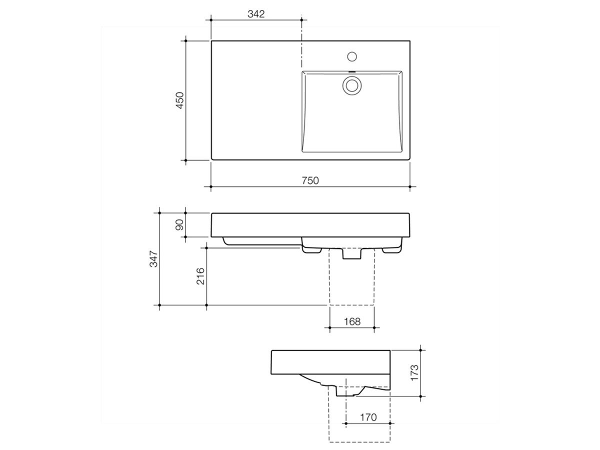 Reece Caroma Liano Nexus 750 Wall Basin LHS O/F 1 Taphole White
