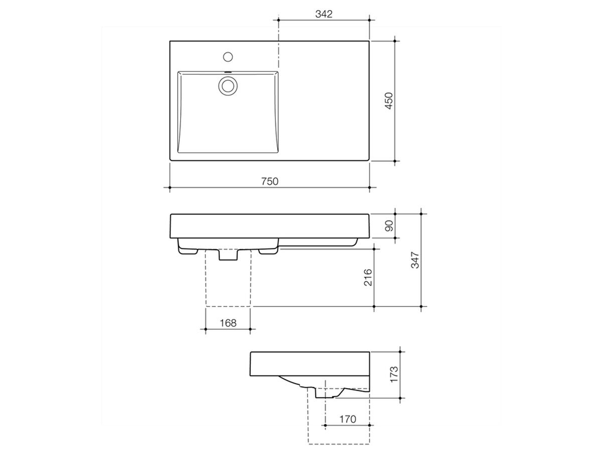 Reece Caroma Liano Nexus 750 Wall Basin RHS O/F 1 Taphole White