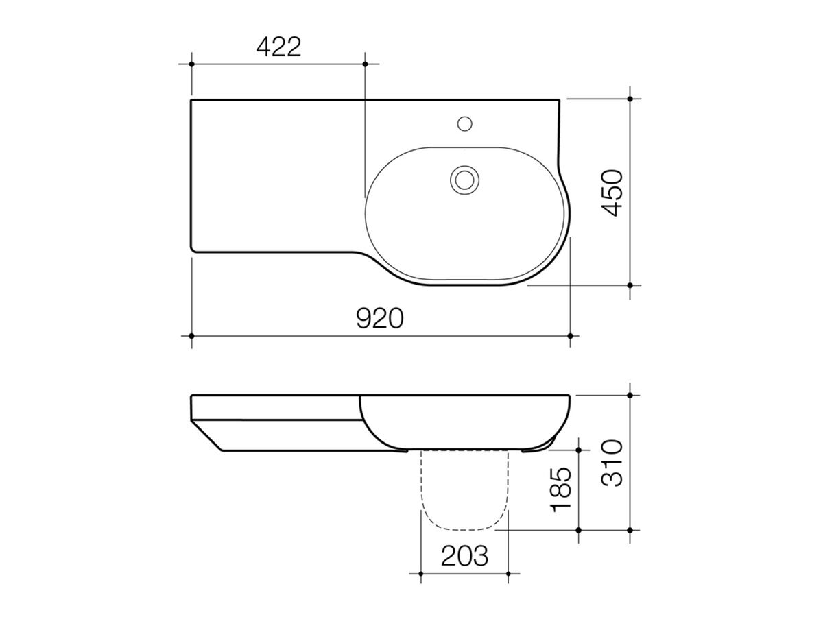 Reece Caroma Opal Wall Basin Left Hand Shelf Without Overflow 1 Taphole 920mm White