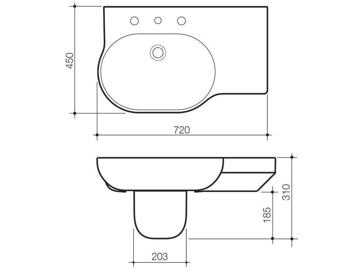 Reece Caroma Opal Wall Basin Right Hand Shelf Without Overflow No Taphole 720mm White