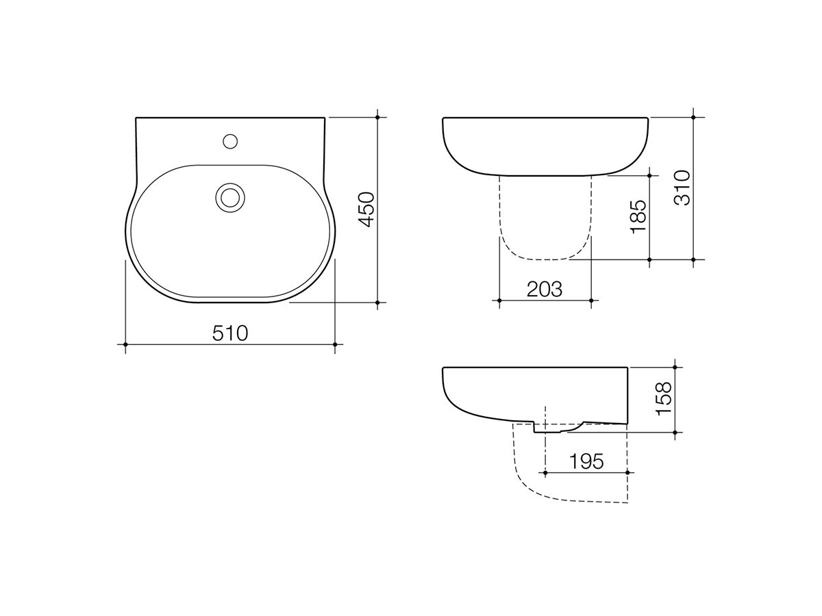 Reece Caroma Opal Wall Basin Without Overflow 3 Taphole 510mm White