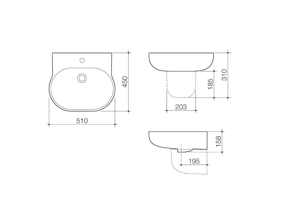 Reece Caroma Opal Wall Basin Without Overflow No Taphole 510mm White