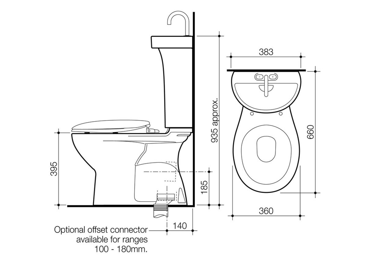 Reece Caroma Profile 5 Deluxe P Trap Bottom Inlet Toilet Suite With Ted Hand Basin Soft Close Seat White (5 Star)