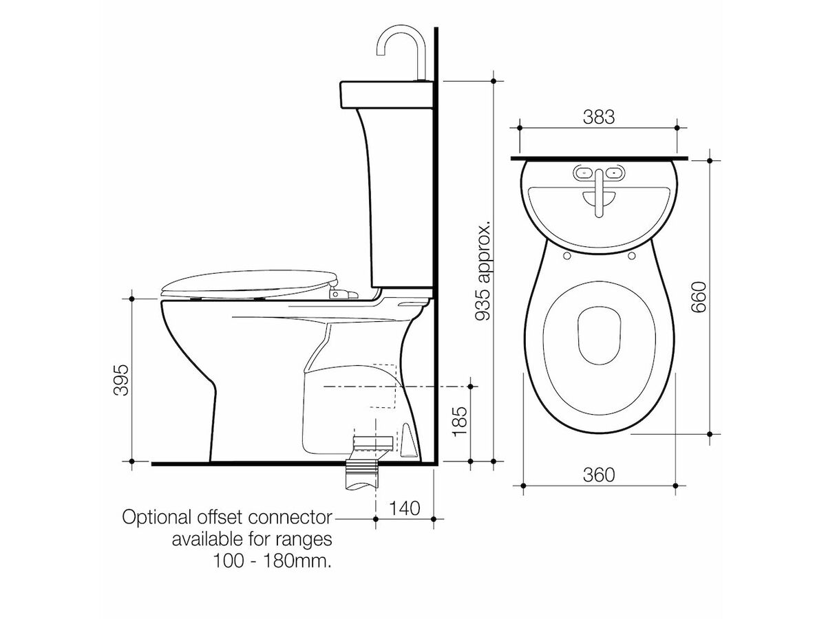 Reece Caroma Profile 5 Deluxe S Trap Bottom Inlet Toilet Suite With Ted Hand Basin Soft Close Seat White (5 Star)