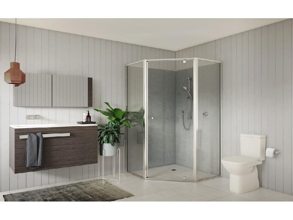 Reece Creative Glass Semi-Framed Adj Corner Angle 1950 X Front 760-840 X Return 340-360 Shower Screen Polished Silver Frame With Pivot Door