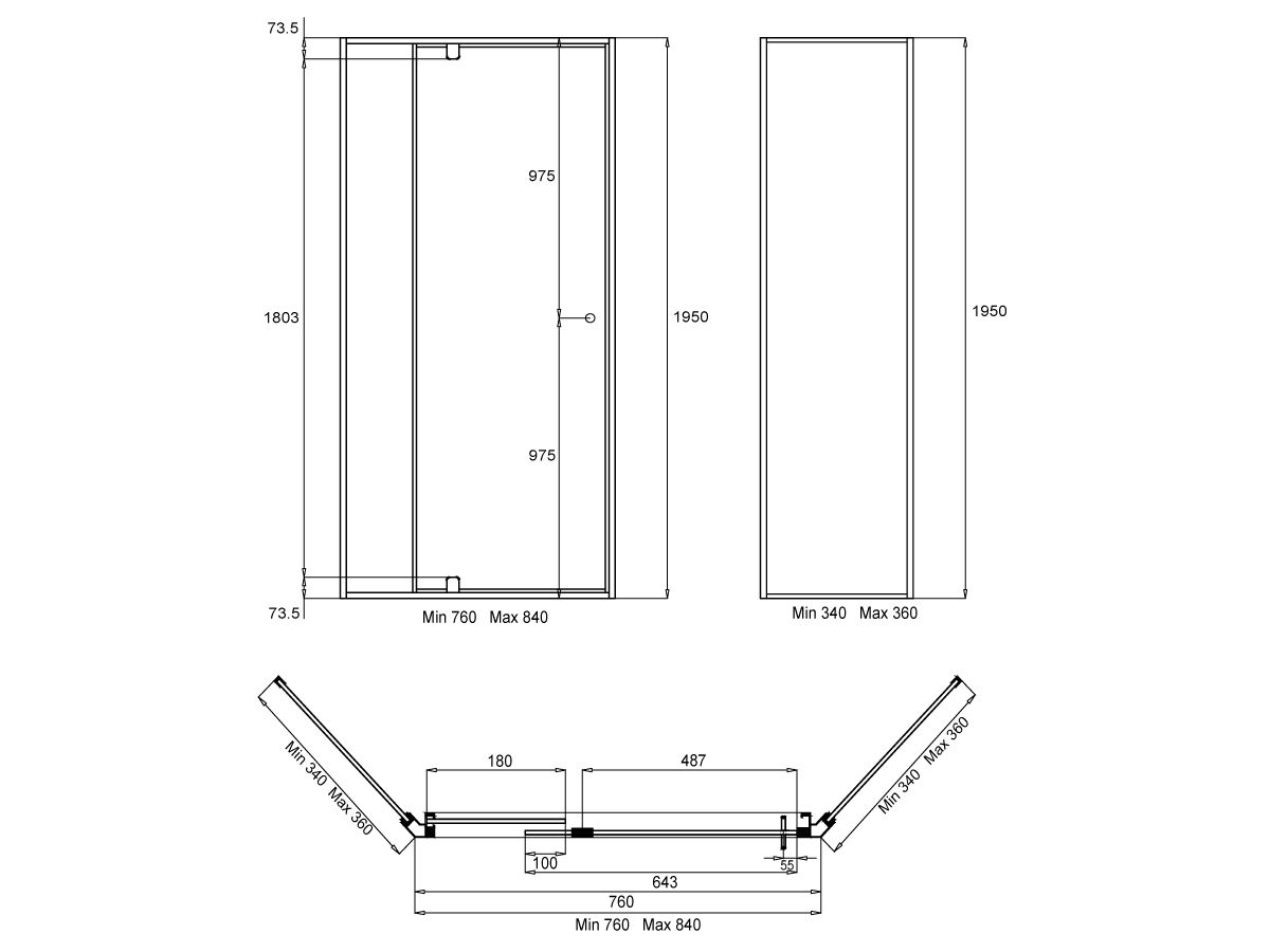 Reece Creative Glass Semi-Framed Adj Corner Angle 1950 X Front 760-840 X Return 340-360 Shower Screen Polished Silver Frame With Pivot Door