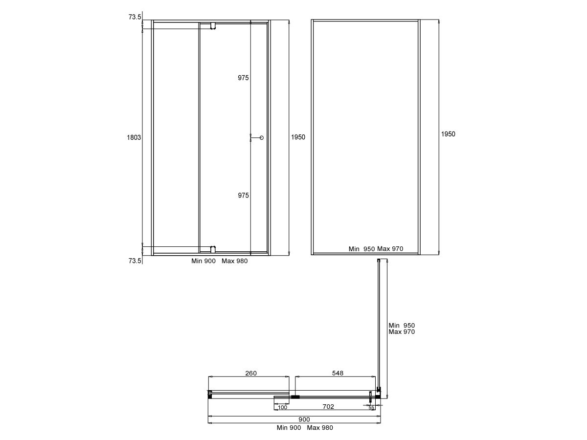 Reece Creative Glass Semi-Framed Adj Front & Return 1950 X Front 901-980 X Return 950-970 Shower Screen Polished Silver Frame With Pivot Door