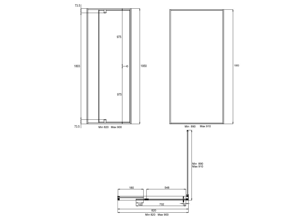 Reece Creative Glass Semi-Framed Adj Front & Return 1950 X Front 820-900 X Return 890-910 Shower Screen Polished Silver Frame With Pivot Door