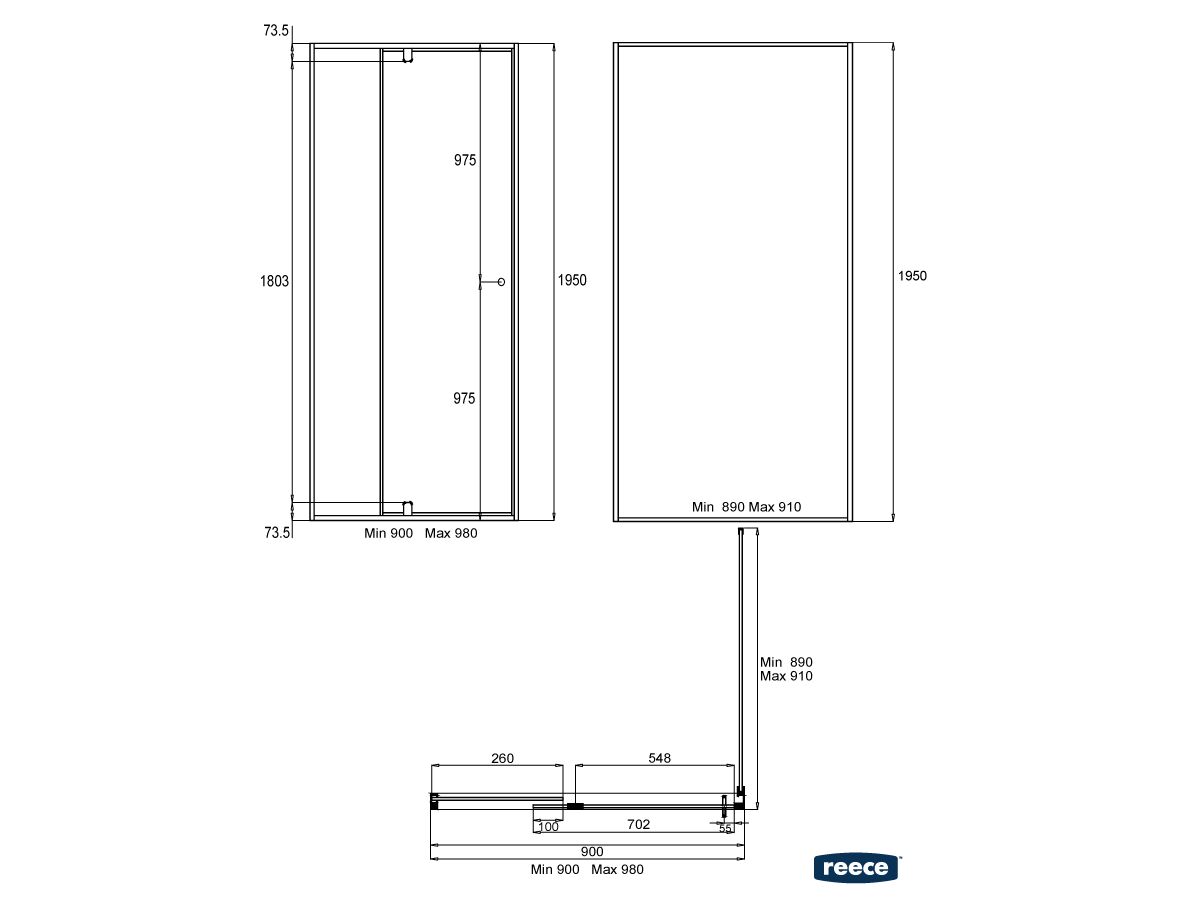 Reece Creative Glass Semi-Framed Adj Front & Return 1950 X Front 901-980 X Return 890-910 Shower Screen Polished Silver Frame With Pivot Door