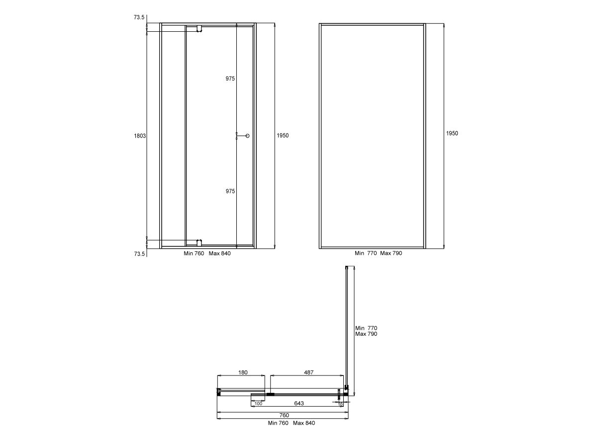 Reece Creative Glass Semi-Framed Adj Front & Return 1950 X Front 760-840 X Return 770-790 Shower Screen Polished Silver Frame With Pivot Door