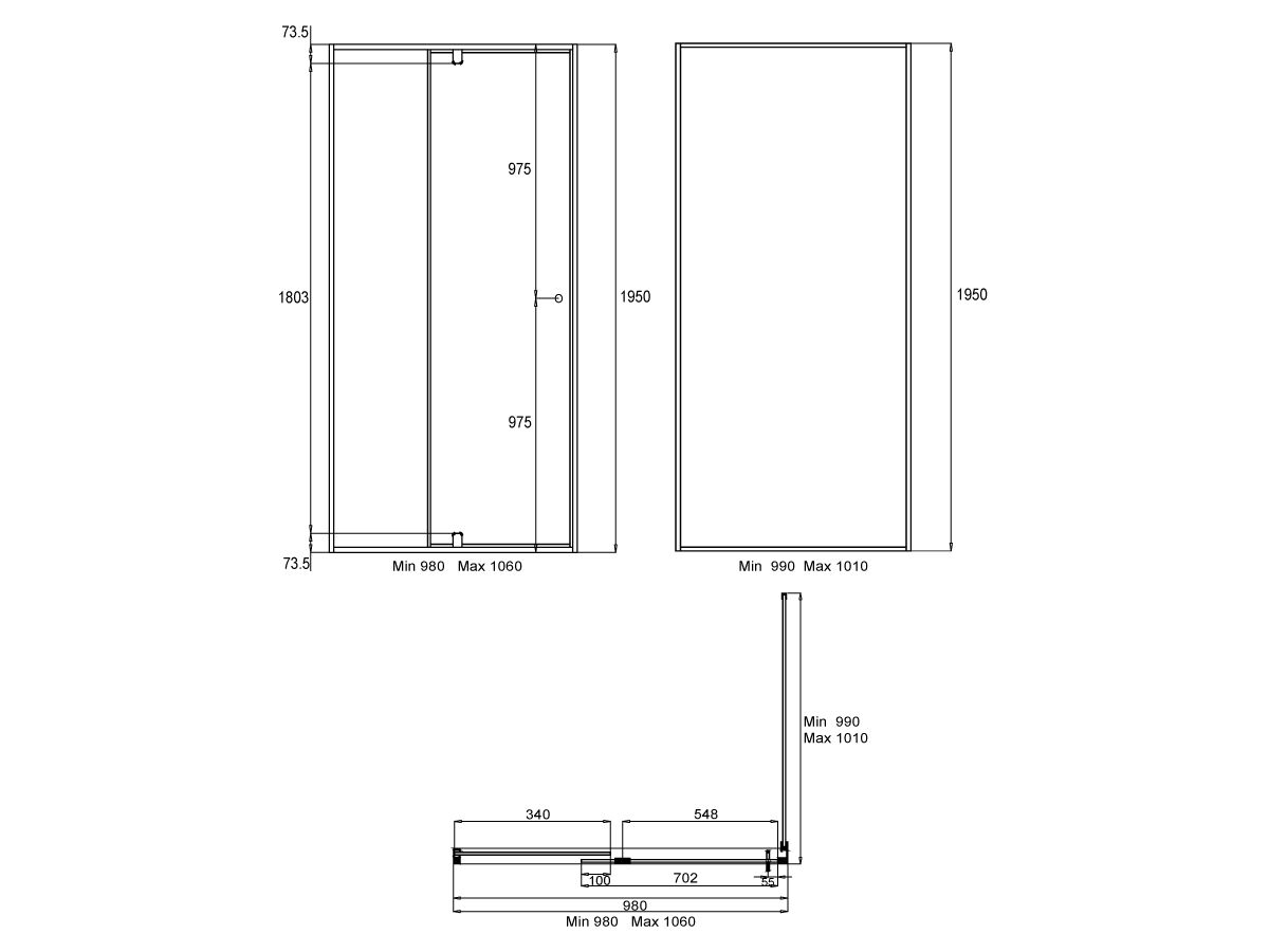 Reece Creative Glass Semi-Framed Adj Front & Return 1950 X Front 981-1060 X Return 990-1010 Shower Screen Polished Silver Frame With Pivot Door