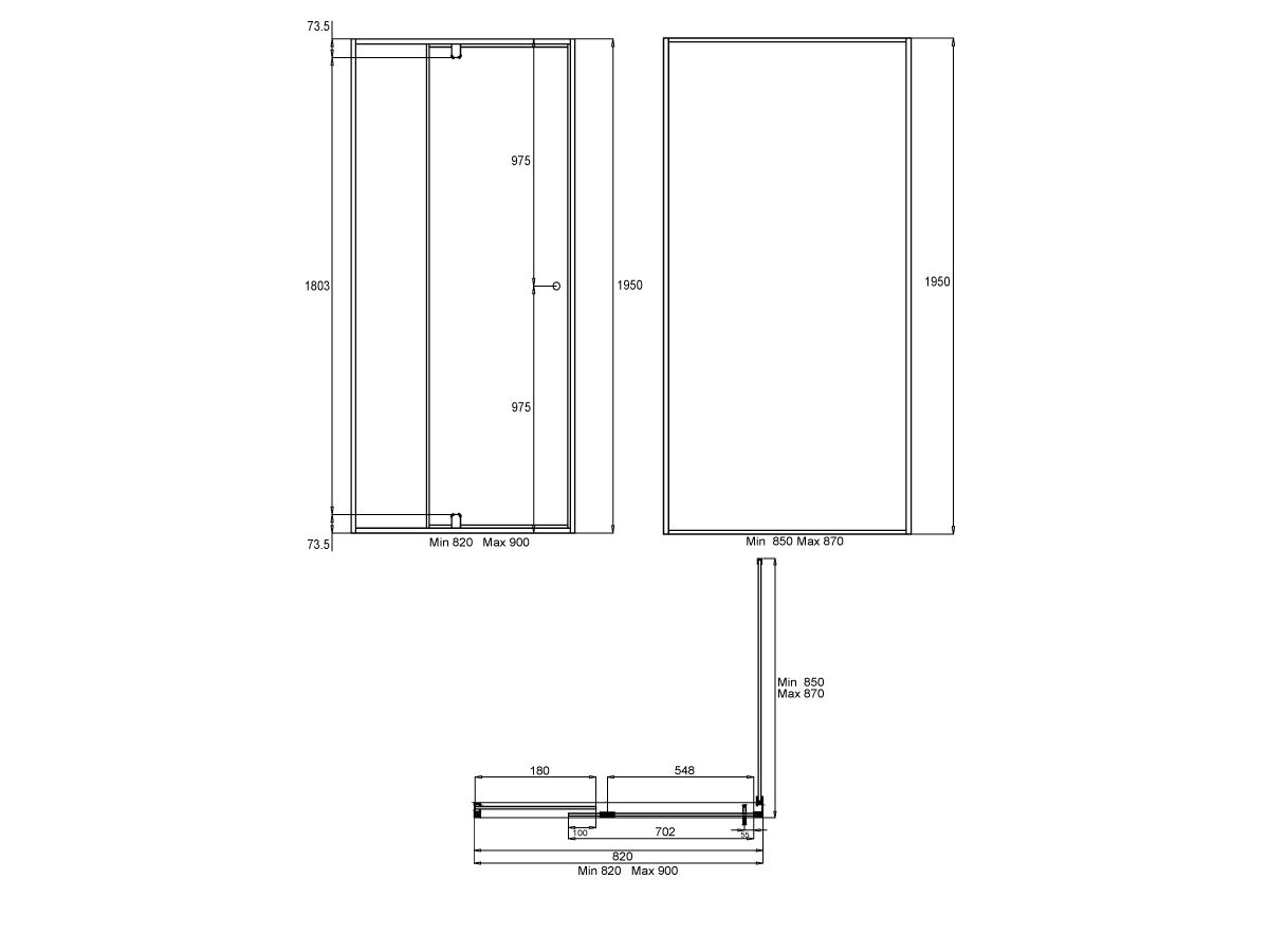 Reece Creative Glass Semi-Framed Front & Return 1950 X Front 820-900 X Return 850-870 Shower Screen Polished Silver Frame With Pivot Door