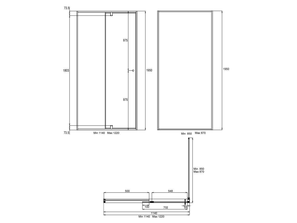 Reece Creative Glass Semi-Framed Front & Return 1950 X Front 1140-1220 X Return 850-870 Shower Screen Polished Silver Frame With Pivot Door