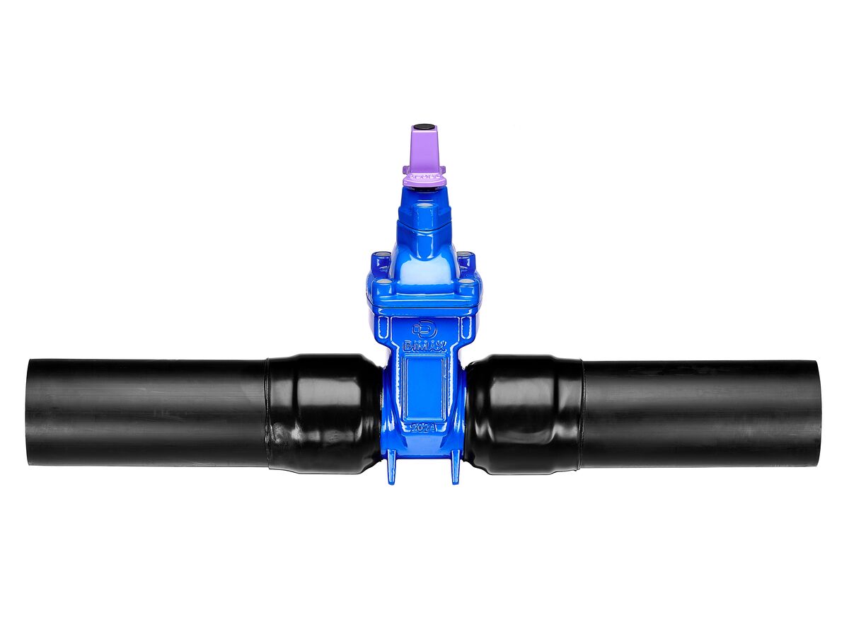 Reece Dimax Resilient Seated Gate Valve PN16 125mm SDR11 HDPE PE Tail 100mm Anti Clock Wise Close With Lilac Stem Cap And Black Plug