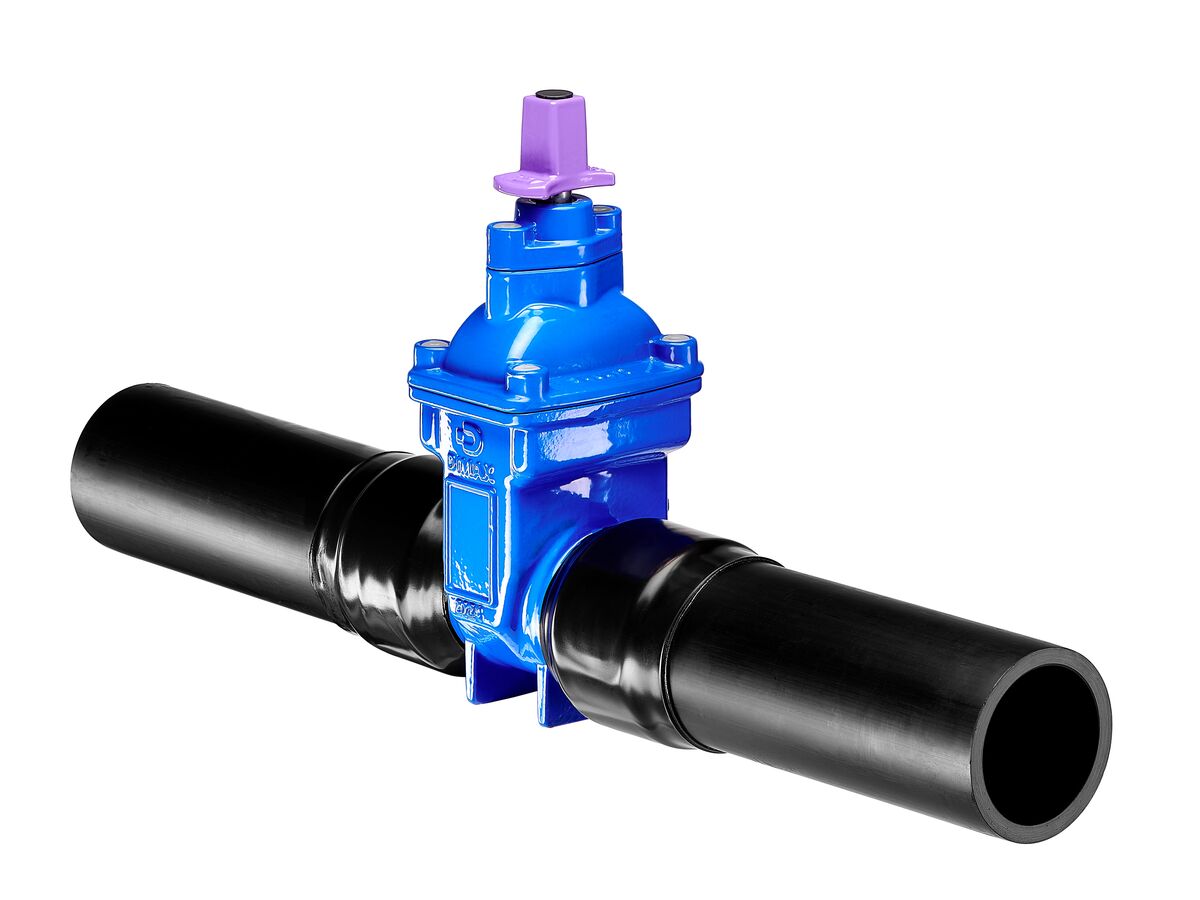 reece Dimax Resilient Seated Gate Valve PN16 125mm SDR11 HDPE PE Tail 100mm Anti Clock Wise Close with Lilac Stem Cap and Black Plug