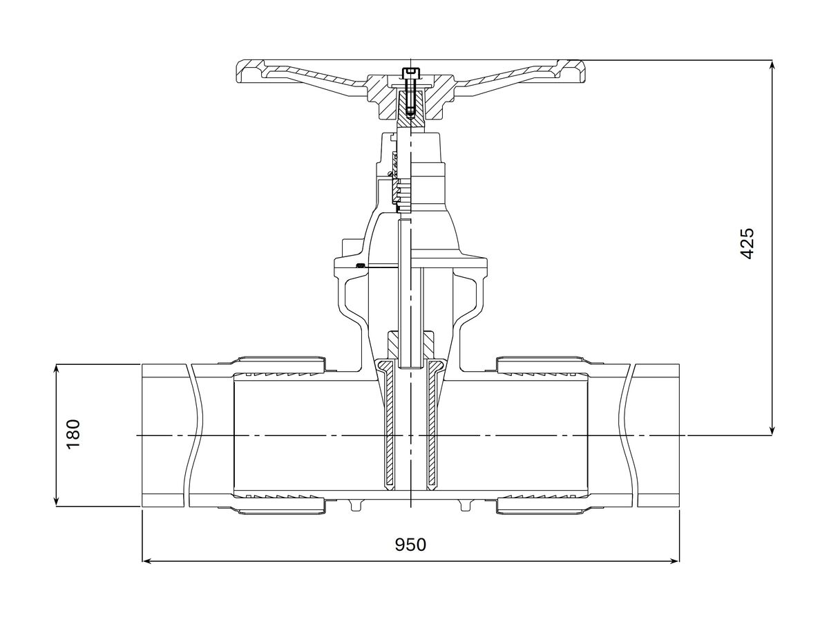 Reece Dimax Resilient Seated Gate Valve With Handwheel PN16 180mm SDR11 HDPE PE Tail 150mm Clockwise Close