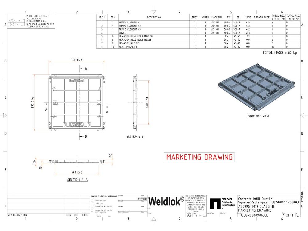 Reece Ductile Iron Infill Boltdown Cover & Frame Class B Clear Opening 600mm X 600mm