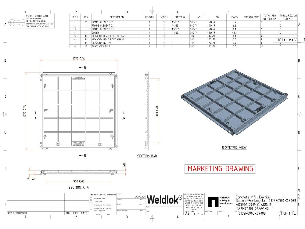 Reece Ductile Iron Infill Boltdown Cover & Frame Class B Clear Opening 900mm X 900mm