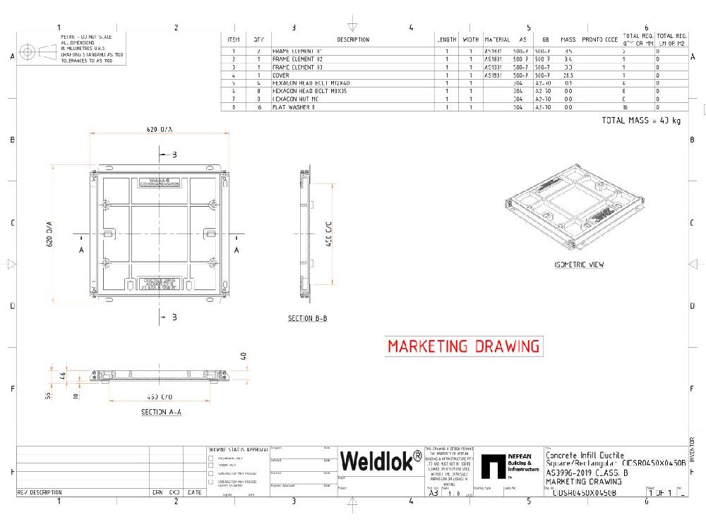 Reece Ductile Iron Infill Boltdown Cover & Frame Class B Clear Opening 450mm X 450mm