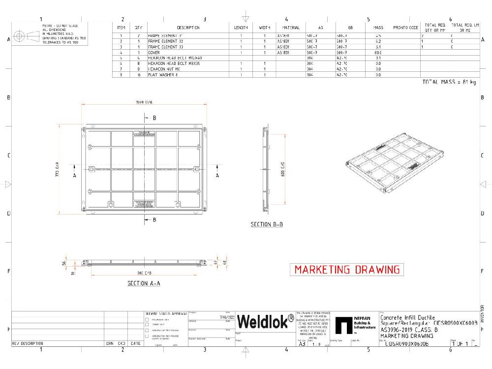 Reece Ductile Iron Infill Boltdown Cover & Frame Class B Clear Opening 900mm X 600mm