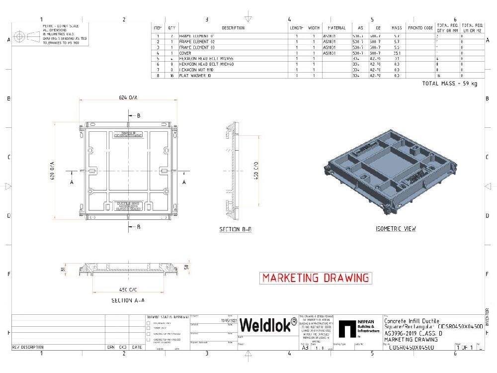 Reece Ductile Iron Infill Boltdown Cover & Frame Class D Clear Opening 450mm X 450mm