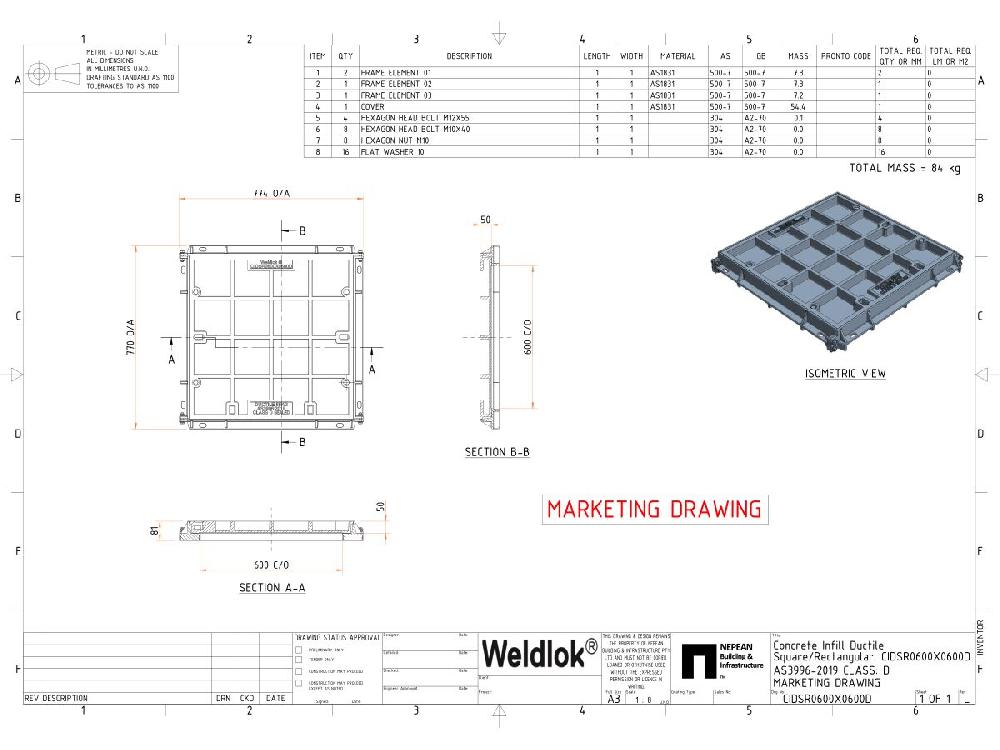 Reece Ductile Iron Infill Boltdown Cover & Frame Class D Clear Opening 600mm X 600mm