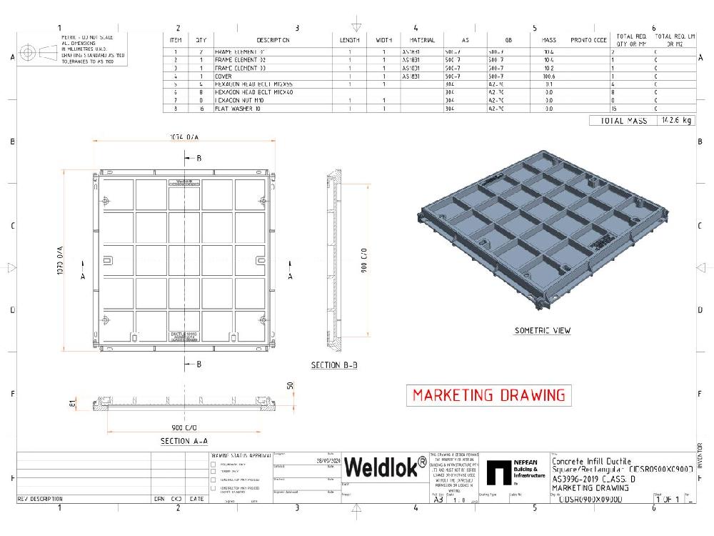 Reece Ductile Iron Infill Boltdown Cover & Frame Class D Clear Opening 900mm X 900mm