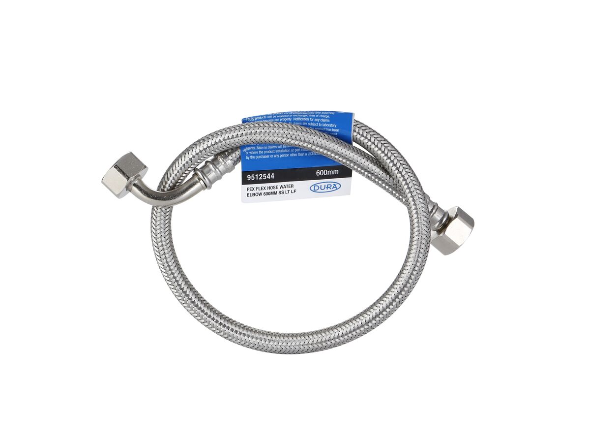 reece Dura Pex Flex Hose Water with Elbow 600mm Stainless Steel Low-Temp Lead Free