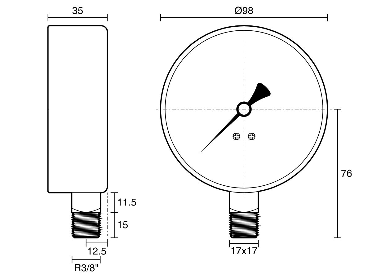 Reece Dura Pressure Gauge Dry 100mm Bottom Entry 800kPa