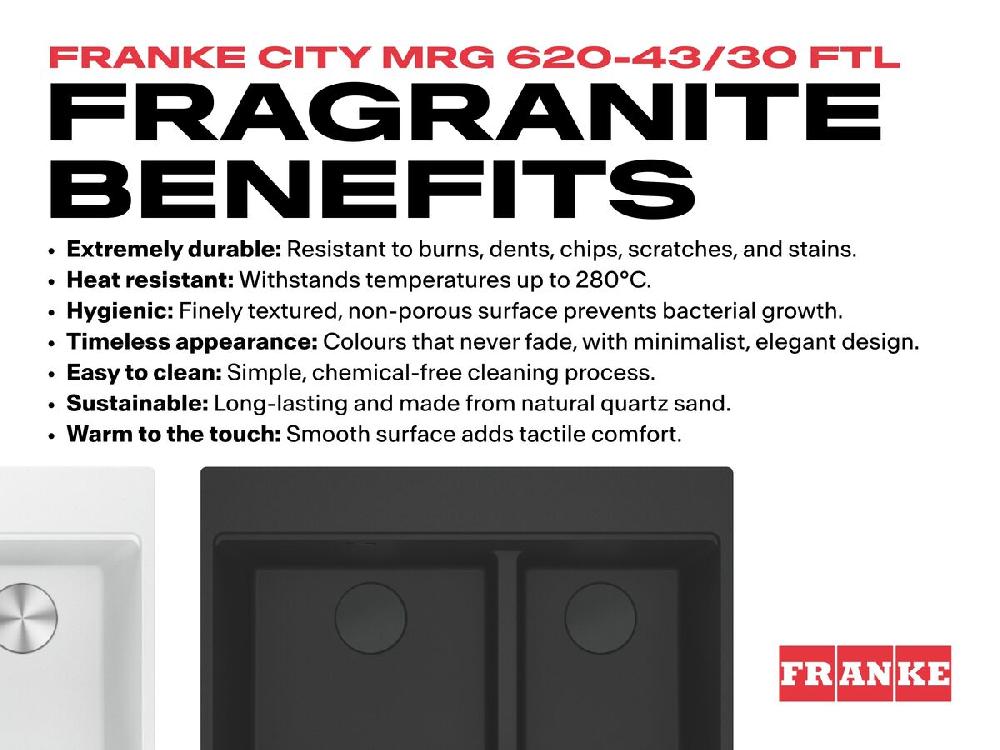 Reece Franke City Fragranite 1.75 Bowl 430mm Bowl + 300mm Bowl Inset Sink With Low Divider And Tap Ledge Matte Black