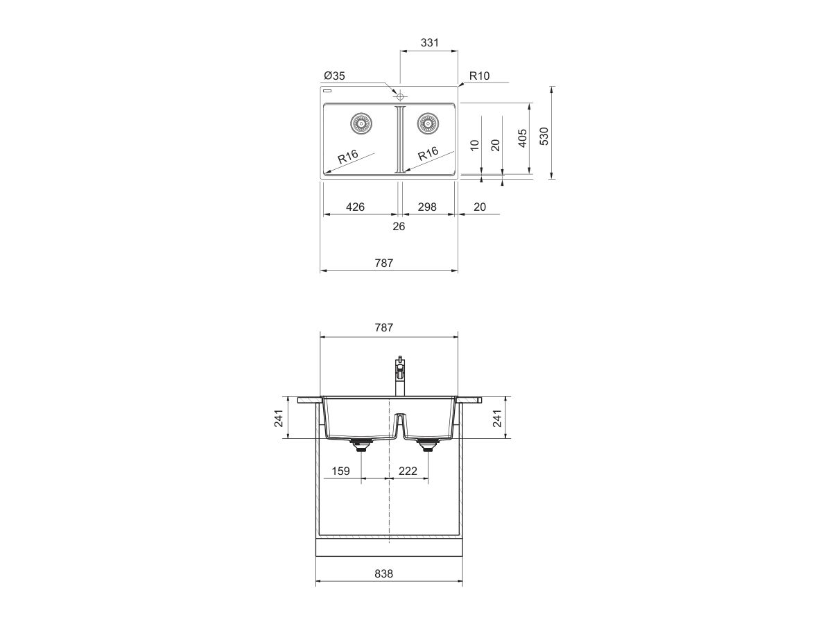 Reece Franke City Fragranite 1.75 Bowl 430mm Bowl + 300mm Bowl Inset Sink With Low Divider And Tap Ledge Onyx
