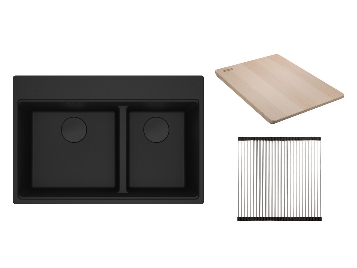 reece Franke City Fragranite 1.75 Bowl 430mm Bowl + 300mm Bowl Inset Sink Pack includes Chopping Board and Rollamat Matte Black